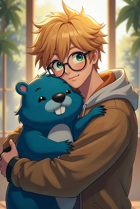 (Anime style) A boy with round glasses ,  blond with green eyes very expensive as a programmer, hugging a blue beaver  