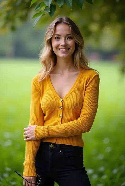 A 24 years stands confidently in a lush green field, wearing a cleavage yellow ribbed sweater with buttons and stylish black pants. She holds glasses in one hand and looks directly at the camera with a charming smile. The background features soft, blurred ...