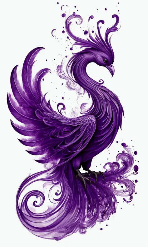 Purple smoke in the shape of a phoenix on a white background