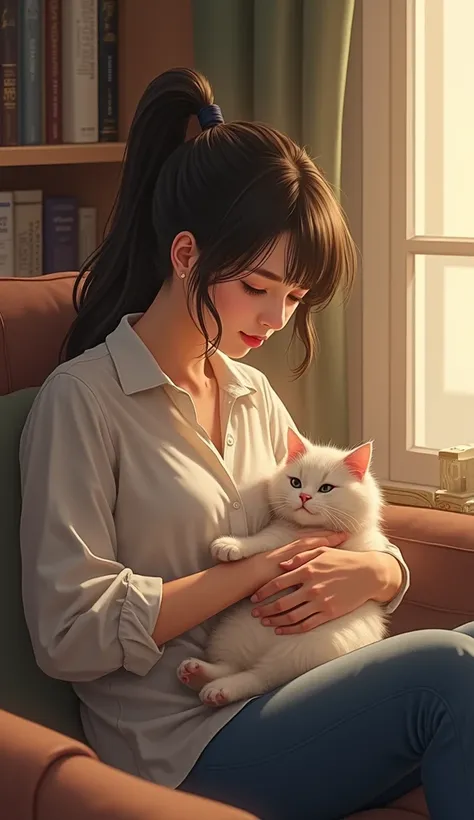  ((Obra de arte,  very detailed ))  The cat and the human visitor in our house sharing a moment of calm,  with the cat sitting in their lap nearby while the visitor caresses it , Read and both of them relax .