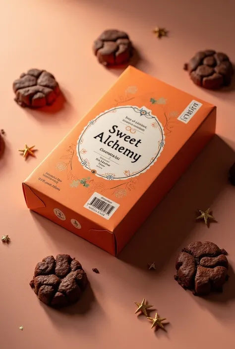 Create a pastries box packaging for chocolate cookies, put some sparkling stars in the packaging. The brand name is SWEET ALCHEMY and the color palette is #f8dbbc. 