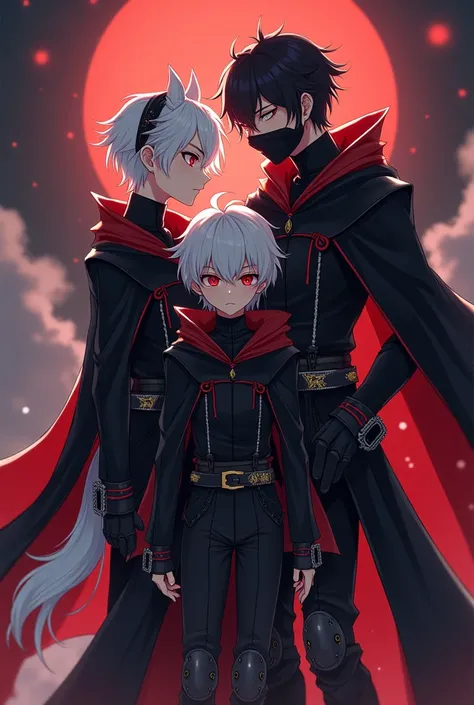 ((masterpiece, anime)) wolf boy, 24 years old, long wolf tail,boy,  Short white hair with white tips, beautiful, thin,  dark priest with black and red cape , cultist red eyes , Alone, a character, long clothes.   Black bandana covering her mouth and reinfo...