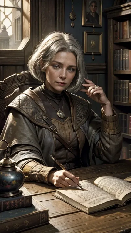 realistic painting, (( attractive)) Figure of a woman correcting a book , Antique books, Cozy dome-shaped study, Wizard, Healer, (( nostalgic)),   Details, Warm Palettes ,(Little old lady ), Geralt , gray bob haircut ,There&#39;　The collar is wide open, pr...