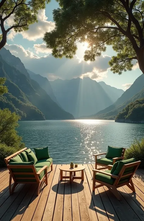 "An idyllic outdoor setting on a wooden deck with stylish furniture, including green cushions and cozy chairs, facing a tranquil lake surrounded by majestic mountains. Sunlight filters through the clouds and trees, casting warm rays across the scene, while...