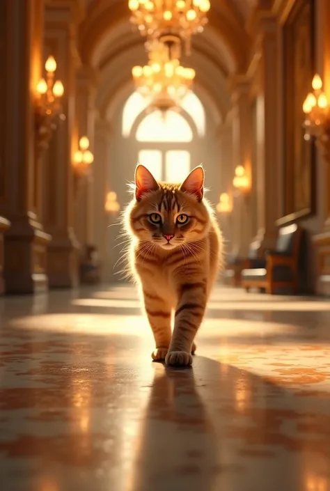 
Low angle, slow motion: Within the opulent halls of a European mansion, golden light bathes the ornate interiors. A majestic cat with golden fur saunters gracefully across the polished marble floor. Camera Movement: Track alongside the cat, capturing the ...