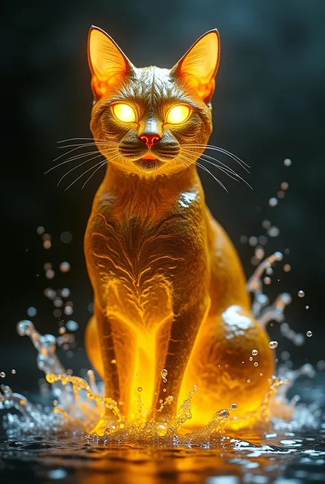 A majestic gold cat with glowing yellow eyes, depicted as a golden liquid statue. The cat is surrounded by water, with liquid ripples and droplets forming its body. The background is dark and mysterious.

Additional details:

The cat should have a regal an...