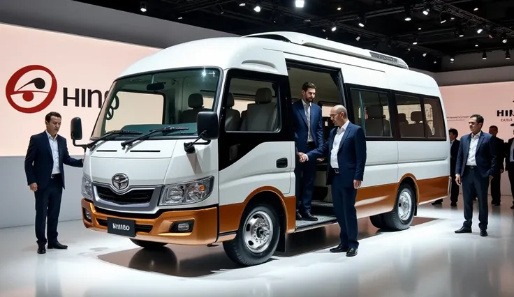 Hino minibus in white and brown colour at the  showroom names and monogram writing this at back wall view men and standing inside the minibus with well dress 