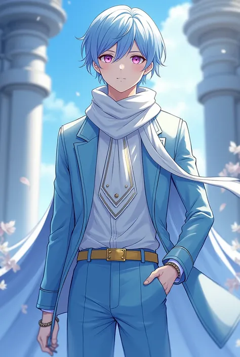 A quiet anime young man in high school with sharp pink eyes represents short light blue hair , Fair skin and wearing all the heavenly blue and white fantasy clothes are the luxury of Idol, which consists of a long, cool sky blue jacket with a long sleeve o...