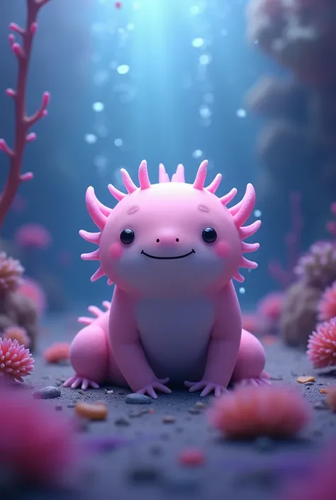  a realistic axolotl , Happy and fat , At the bottom of the sea,  surrounded by purple and blue light