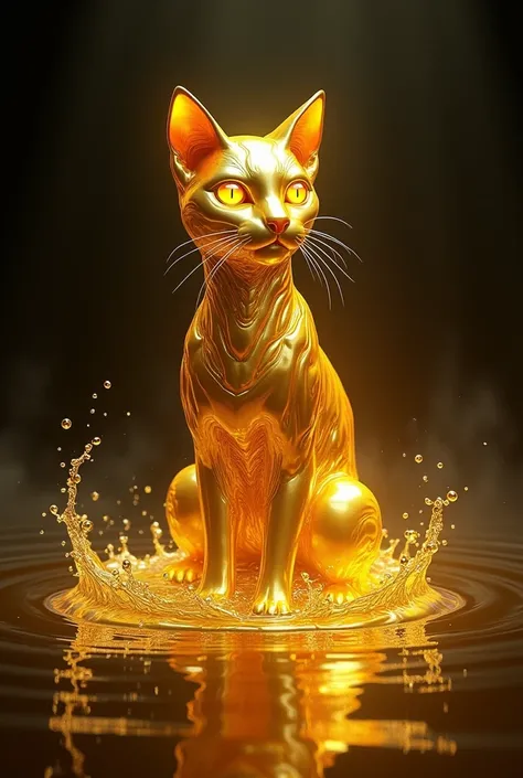 A majestic gold cat with glowing yellow eyes, depicted as a golden liquid statue. The cat is surrounded by water, with gold liquid ripples and droplets forming its body. The background is dark and mysterious.

Additional details:

The cat should have a reg...