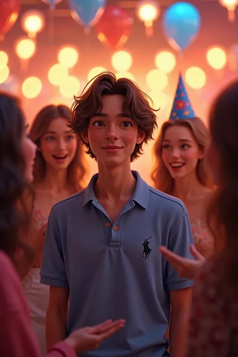 19-year-old boy with medium-short wavy hair celebrating his birthday wearing Lauren polo shirt with his friends 