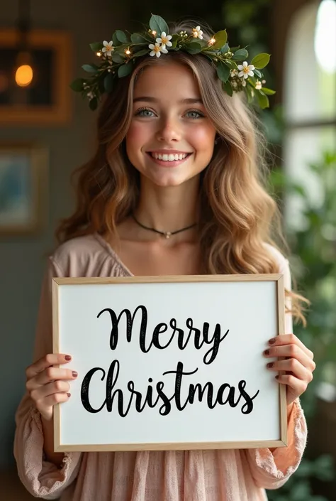  Beautiful girl with long wavy hair, bohemian dress,  holding a white board with the text "Merry christmas"  and showing it to the spectator 