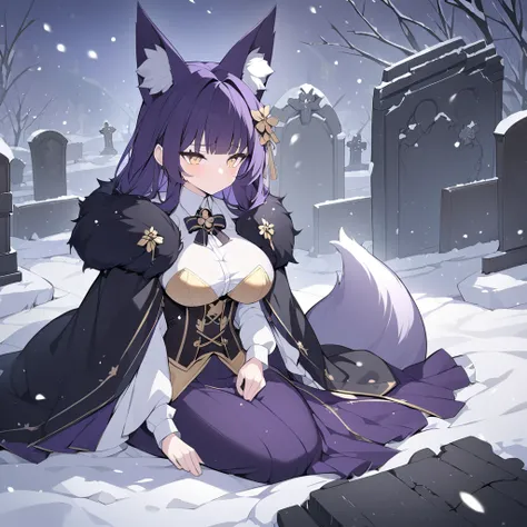 night, cloudy. snow, snowfall, blizzard, graveyard, tombstones, flowers on tombstones,  1girl, fox ears, fox tail, curves,  voluptuous figure,  long hair, dark purple hair, gold beautiful eyes,  large breast, corset, white shirt, long sleeves, dark purple ...