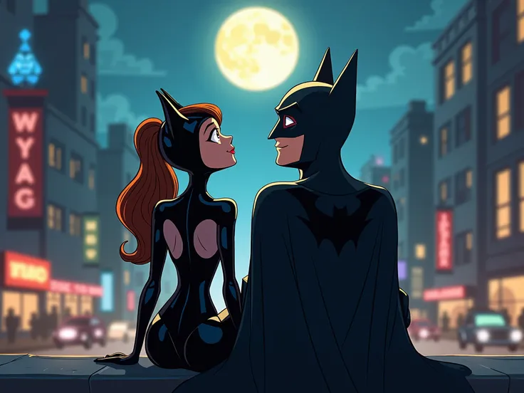   Catwoman and Batman in a city , watching the bright moon ,  that are sitting and that are friends,  animated
