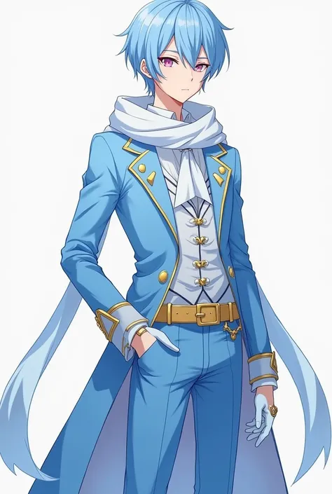 A quiet anime young man in high school with sharp pink eyes represents short light blue hair , Fair skin and wearing all the heavenly blue and white fantasy clothes are the luxury of Idol, which consists of a long, cool sky blue short jacket with a long sl...