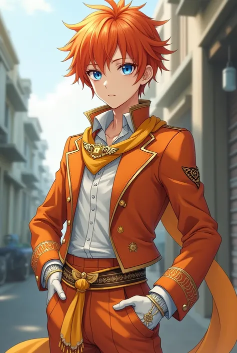 A young anime boy born in high school is a quiet big anime with sharp blue eyes representing orange hair , He has fair skin and wears all the beautiful and luxurious orange fantasy clothes, such as the clothes of nobles, represented by a short cold orange ...