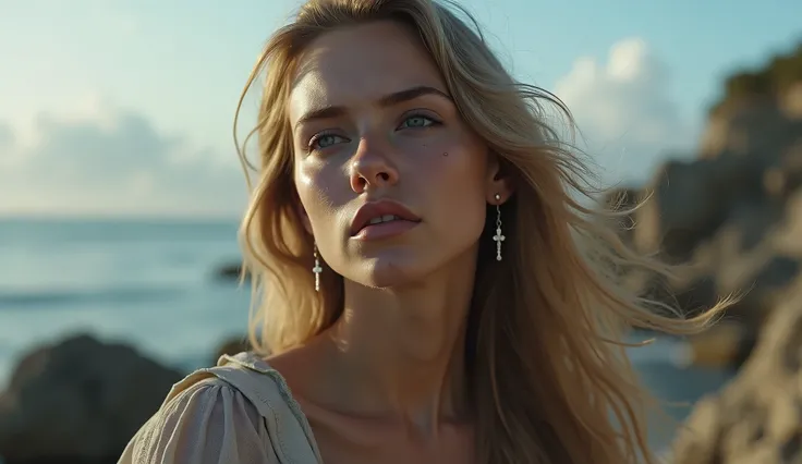 A beautiful blonde girl 30yo, wearing cross earrings,feeling sad, crying, tears glistening on her cheeks sitting with In front, sky, sea, rocks, sad expression with tears flowing, highly detailed, emotional, cinematic lighting, masterpiece, 8k resolution