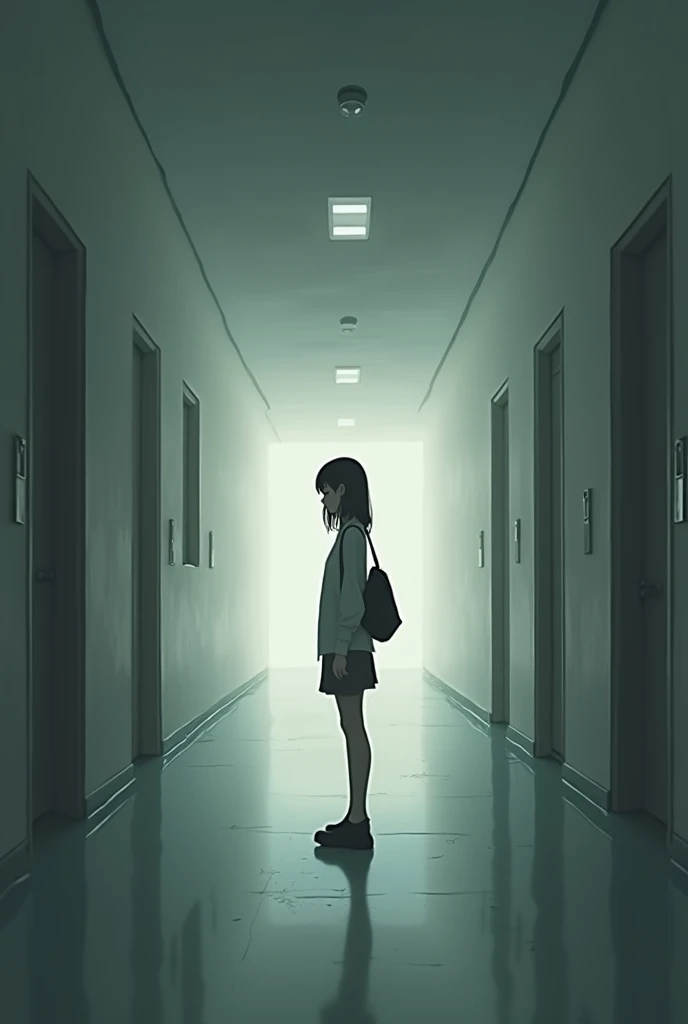 Female students stand alone in the hallway。
