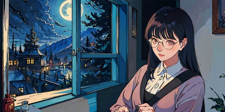 A masterpiece, a beautiful woman in her twenties with dark hair and glasses is studying by a window with beautiful moonlight.