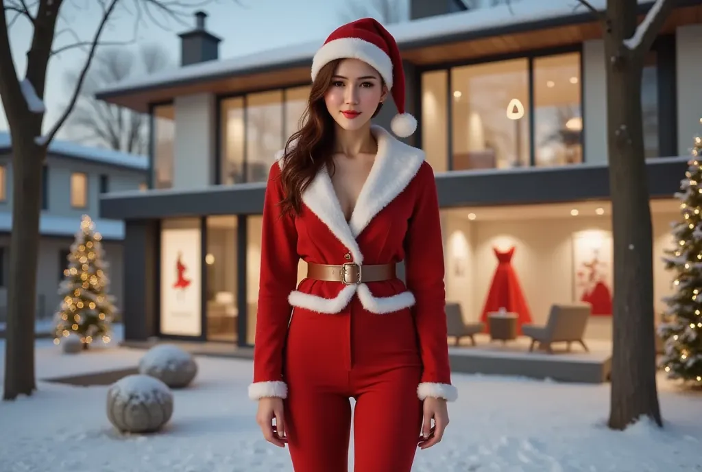 lisamy stand front of a modern townhouse, perfect body, santa clause clothes, product ads, ice rain