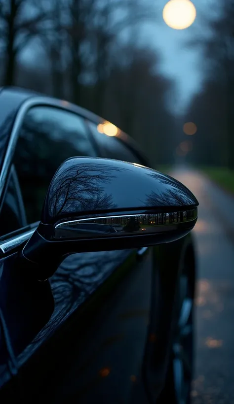 A close-up of a black car’s rearview mirror reflecting the park under moonlight.
