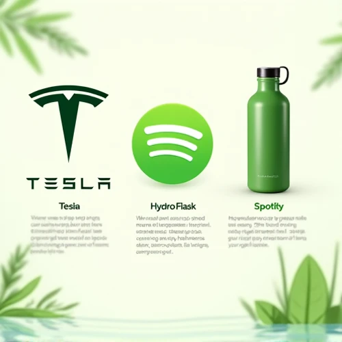 "Stylized logos of Tesla, Hydro Flask, and Spotify displayed on a clean white background. Each logo is slightly edited to match the green and white color scheme, emphasizing eco-friendliness while maintaining brand recognition."
Styling:
Logo Placement: Ev...