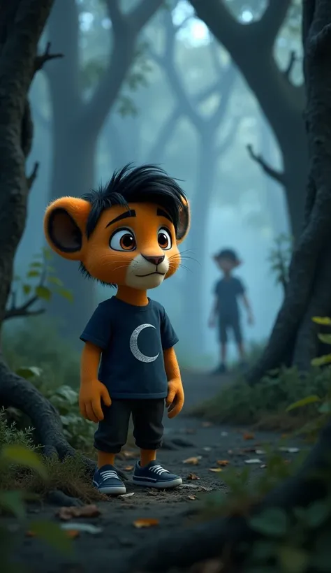 Kittu, a 4-month-old male baby lion with a fluffy human type black hair , big brown eyes, 
He is wearing a dark blue T-shirt with a silver crescent moon design and dark sneakers.

stands in a dense forest surrounded by gnarled trees. The background shows a...