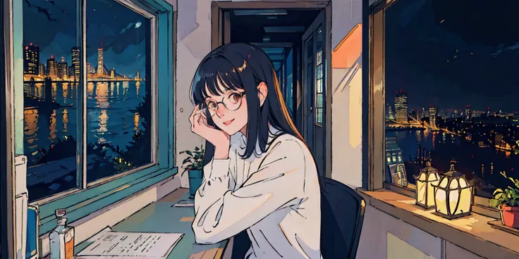 Girl, dark hair, glasses,smile, beautiful woman in her 20s sitting by the window at her computer, outside the window is the city at night