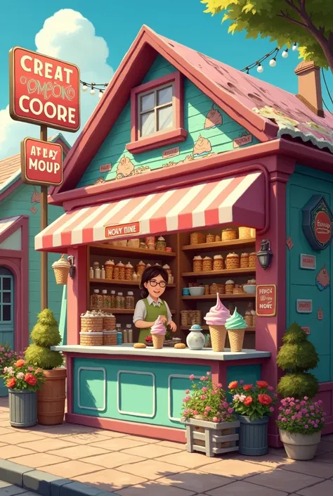 Small size ice cream shop , selling milkshakes , ice cream and cookies 