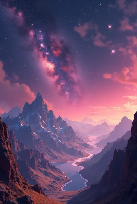 create a time travelling background with mountains and bunch of stars using a 1950s vibes as a guide dont include any person in the image only a background 