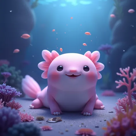  a realistic axolotl , Happy and fat , At the bottom of the sea,  surrounded by purple and blue light