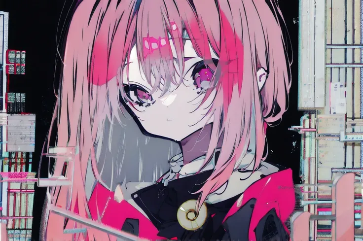 · Black background · Shedding tears · Eyes down · Standing · Alone girl · Pale pink hair、short ponytail · pink eyes · black and pink sailor suit · broken glass shards scattered · glitch · noise · top quality