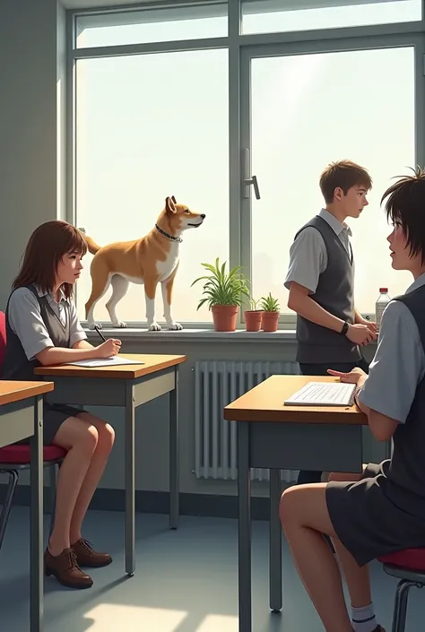 As an image of three human ren in a classroom and that you are seeing a dog out the window and two human ren talking 