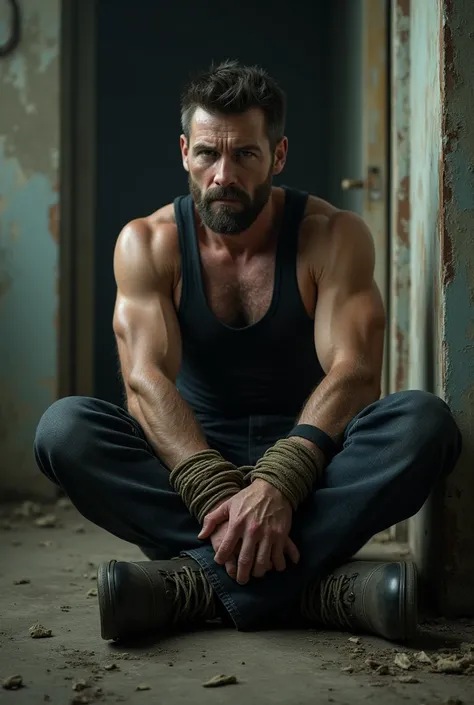 A nordic man with a trimmed beard and short hair dressed in black tactical boots, jeans and black singlet is sitting in a abandoned room.  His hands are tied up behind his back and legs are tied up together with a rope. Mouth is tighly taped shut 