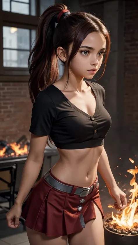 Slim teen, cute, button nose, Hispanic, dark red hair, messy ponytail hairstyle, ability to create fire from hands, super hero in training, mini skirt, tattered deep v-neck shirt, no bra, nsfw, college campus setting, super powered people in background 