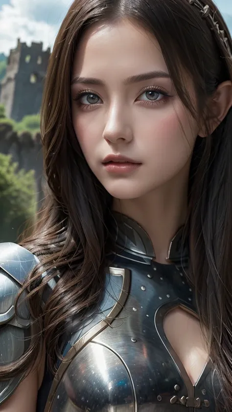 1 girl, (( masterpiece)), (Detailed),  perfect face , elven warrior, He wears black armor, ruined castle in the background, cloudy environment, Close-up image