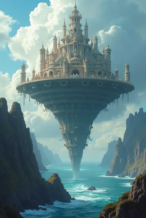 A fantastical floating palace with a layered, ornate architecture and a curved, organic base resting on a rocky cliff overlooking a vast, blue ocean under a cloudy sky