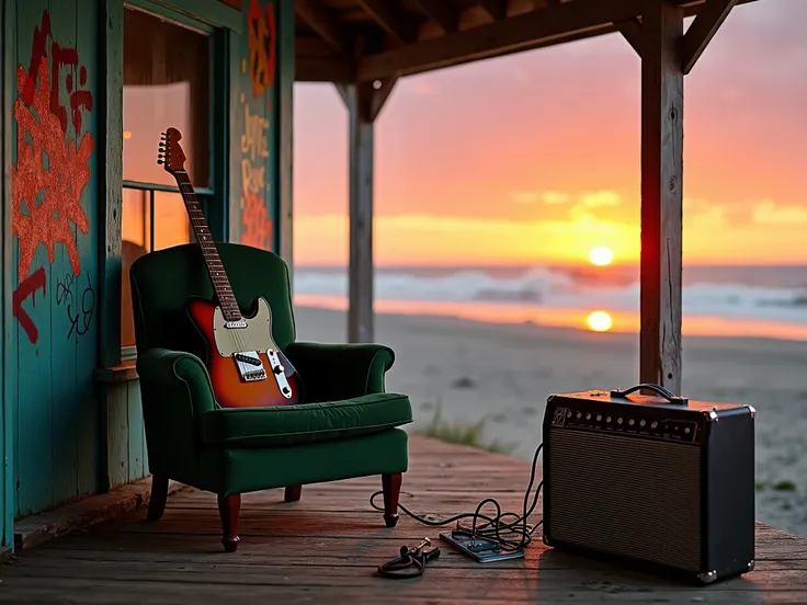 generate an image of a fender guitar resting on a green armchair, connected to an old, broken-down amplifier, on a porch of a cabin, abandoned with graffiti on a beach, in a very colorful sunset, angle view