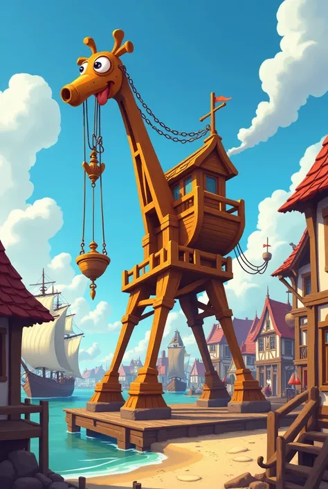 grue de levage en bois dans un port medieval cartoon