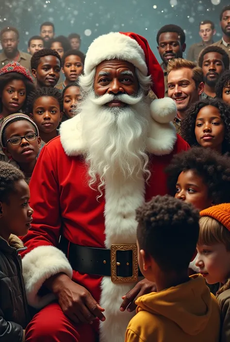 Santa Claus with black skin, African with beard and white hair and ren of all races in the world 