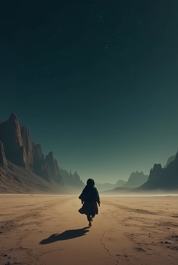 A girl is alone in this earth
 There is no one in the earth. 
Earth is like a desert.
Mountains.
 No living being is there.
Only that girl is running.
Time is night 
She is feeling so scared and numb because she is alone on the whole earth.
She has full cl...