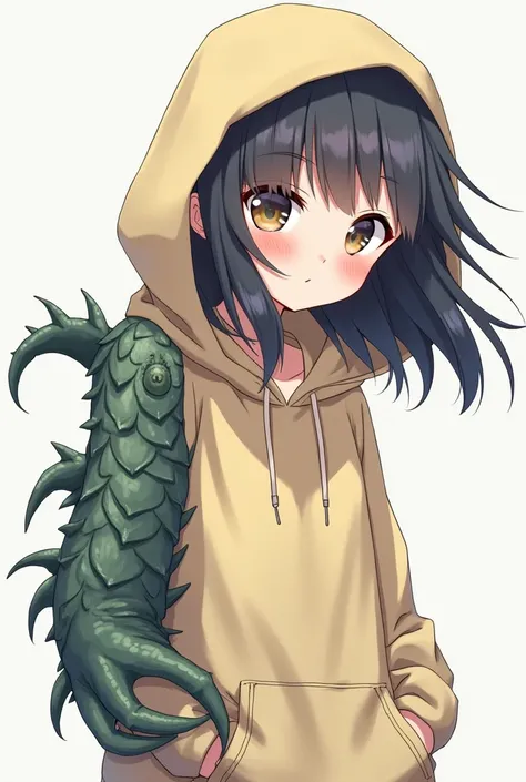 Girl in a hoodie with monster arms anime illustration left arm only