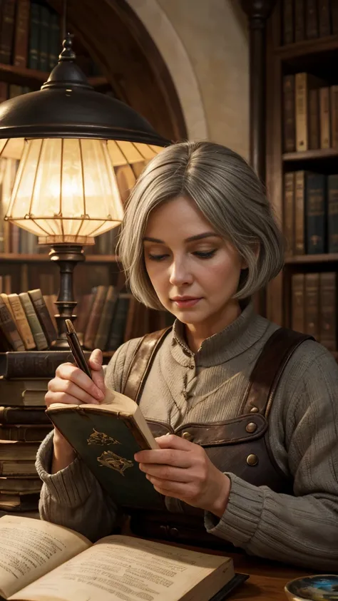 realistic painting, (( attractive)) Figure of a woman correcting a book , Antique books, Cozy dome-shaped study, Wizard, Healer, (( nostalgic)),   Details, Warm Palettes ,(Little old lady ), Geralt , gray bob haircut ,There&#39;　The collar is wide open, pr...