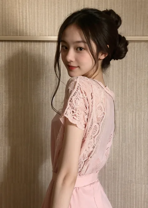 maid, chignon hair,brown hair,slender body,cute pretty girl