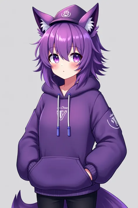  has wolf ears, the hair color and eyes are purple . The costume is a purple sweater .Black long pants.The race is human. ., they wear a hat accented with purple, and they have a friendly personality..