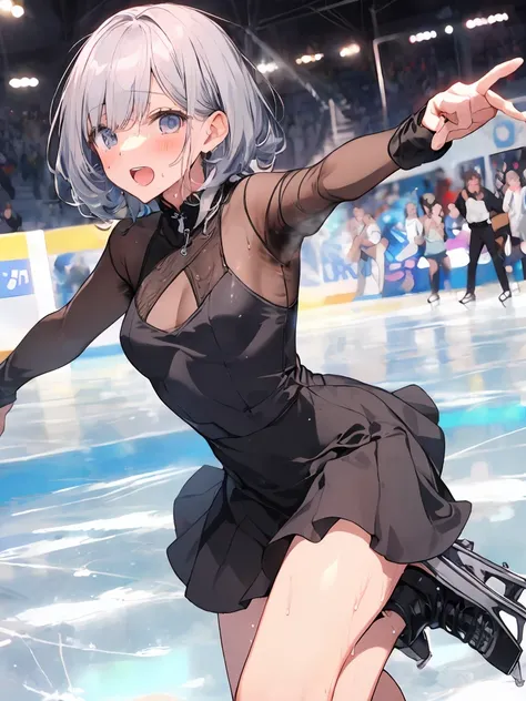 NSFW、 sexy、  dynamic angle  、  Details、Perfect body、  funny,（  small breasts ) ,  Silver Short Hair 、((vagina))、 grey dress、 Long Sleeve 、(((sweat)))、((( Wet )))、(( figure skating))、( skating rink)、((Ice show ))、((A large number of people))、((dynamic、Power...