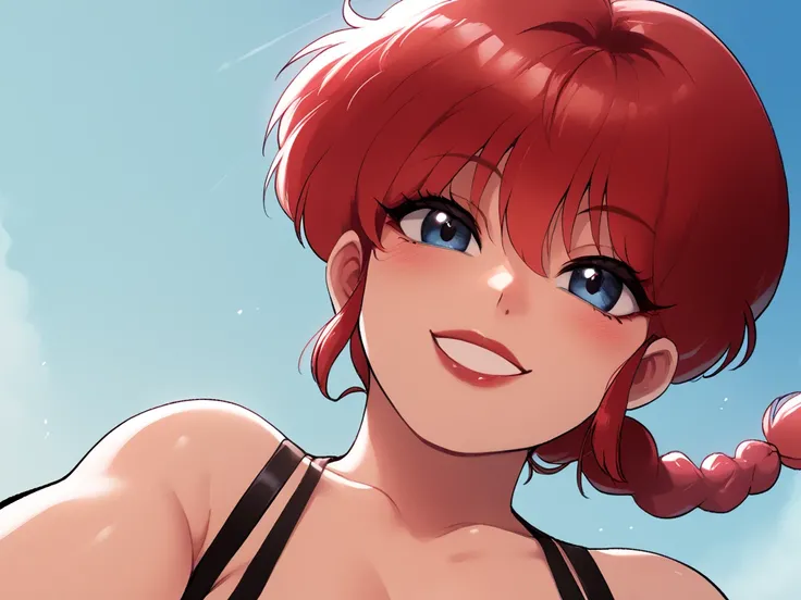 Ranma from the anime Ranma 1/2, smiling with her very sexy red lips wearing, ranma, red hair, 1girl, solo, blue eyes, braided ponytail. source_anime, tag1, tag2, best quality, high quality, 8k, ultra high res, perfect litthing, clear face, Huge breasted, L...