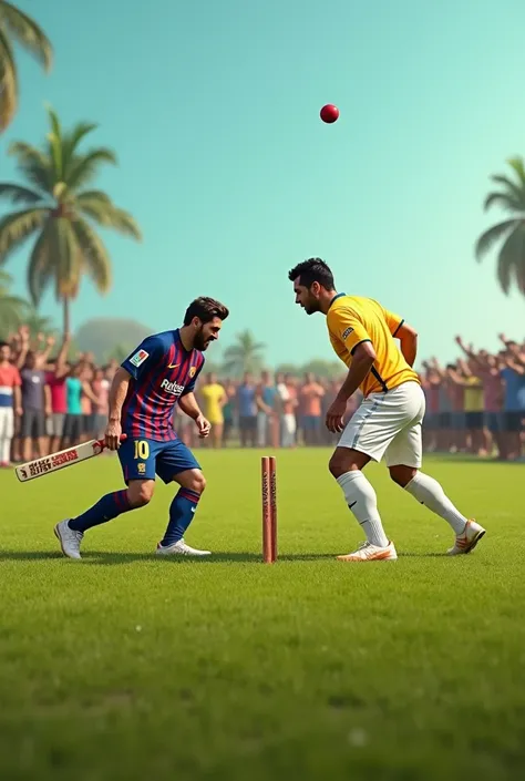 Messi and  ronaldo playing cricket  in local grass fields of india