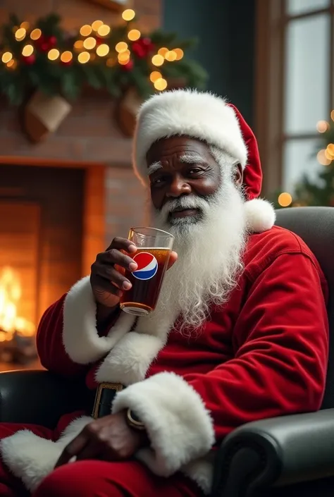 Santa Claus with black African skin with beard and white hair drinking a Pepsi Cola 