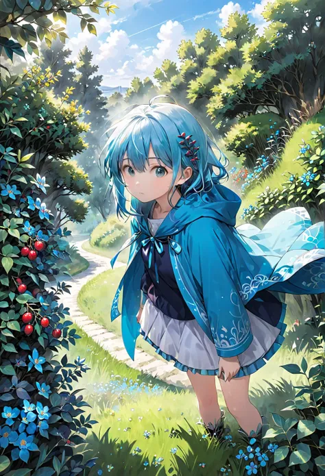 Blue haired anime girl, anime girl with teal hair, wearing a cloak, bushes, picking up berries